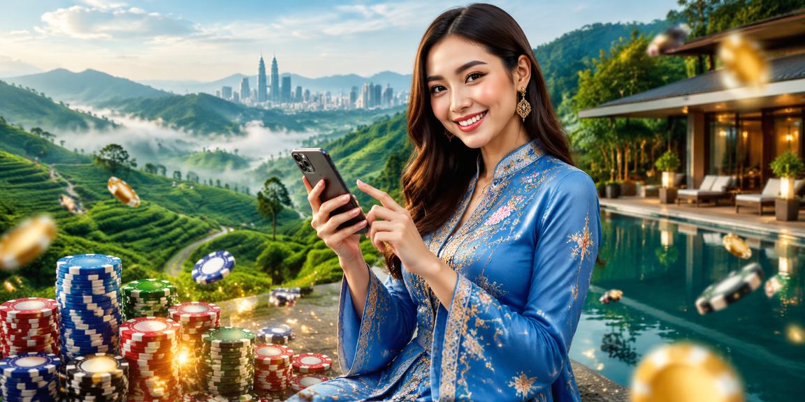 Pemain wanita berbaju kurung menikmati permainan slot dan kad di telefon pintar Malaysia
